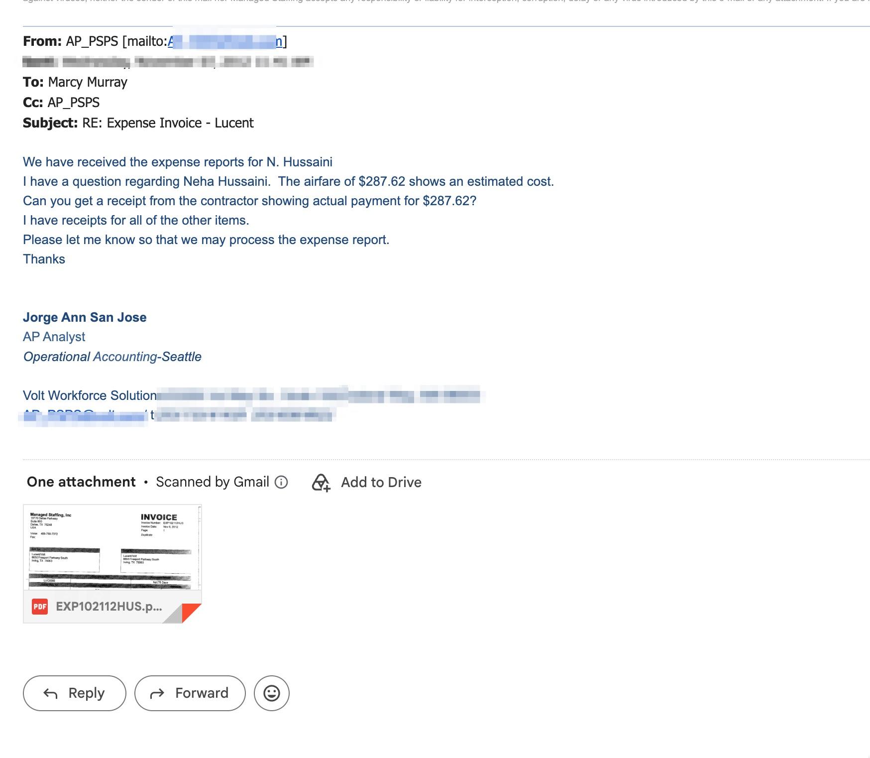 The email that started it — “Can you get a receipt showing actual payment for $287.62?” Don't misplace your receipts.